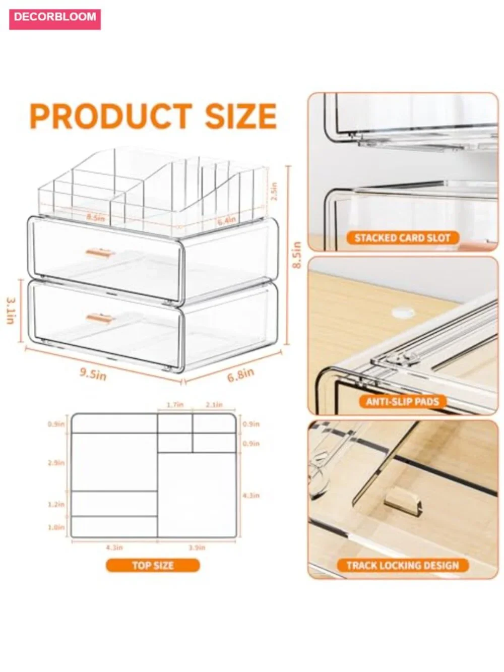 3 Tier Stackable Acrylic Makeup Organizer with Drawers for Countertop Dresser